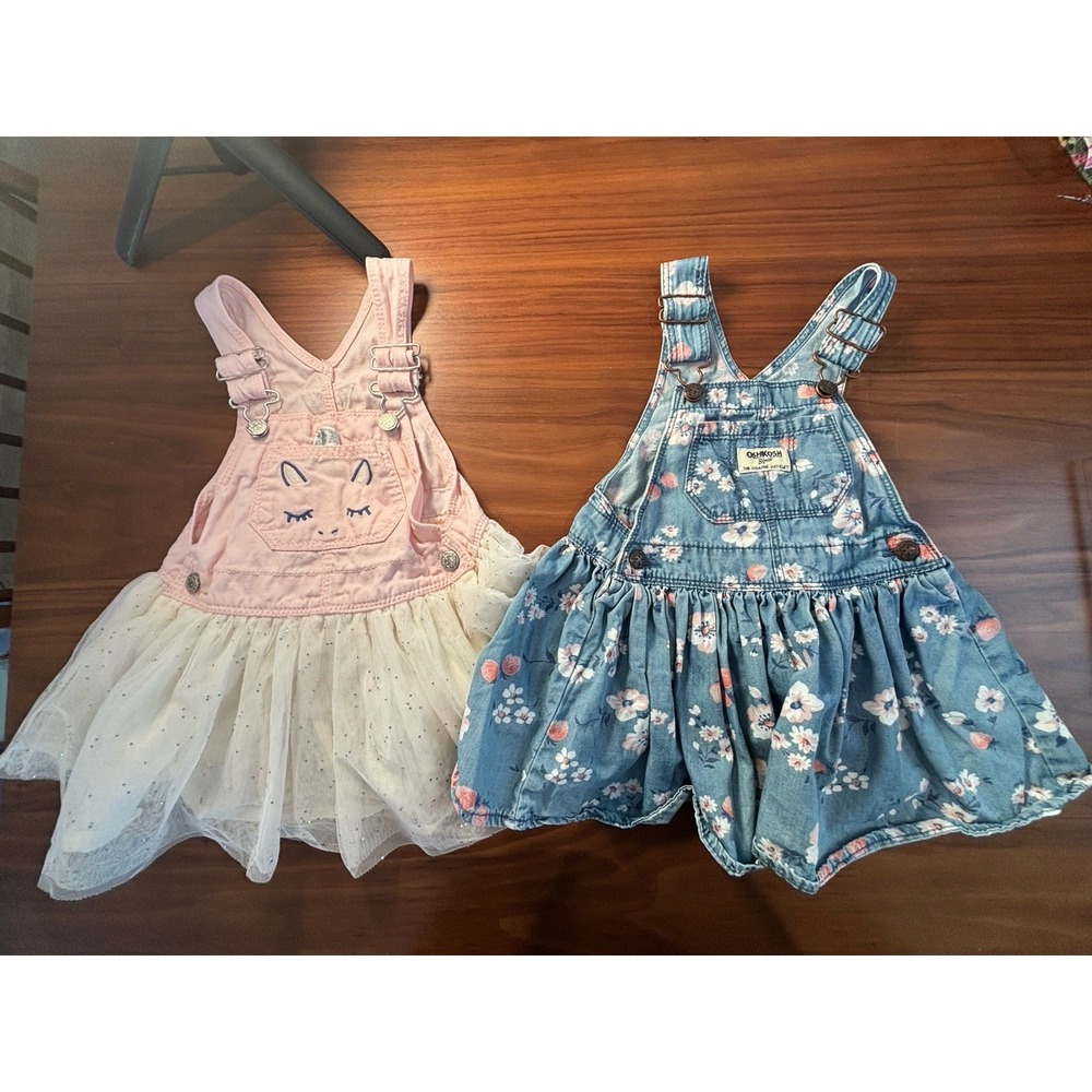 OshKosh B'gosh Vestbak Overall Dress Lot 18M Floral Denim Bunny Tulle Pink Blue